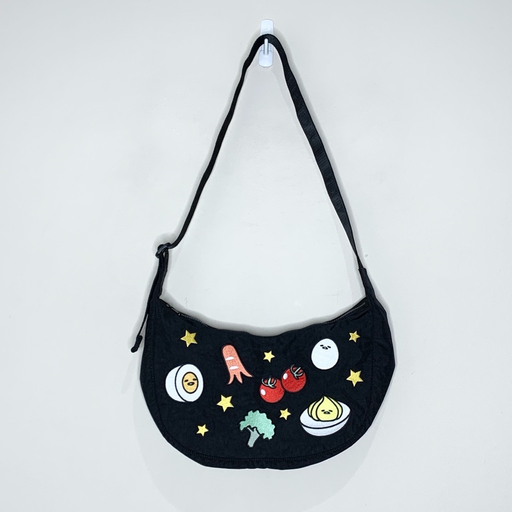NEW BAGGU x Gudetama Medium Nylon Crescent Bag Embroidered Black Crossbody - Picture 3 of 12